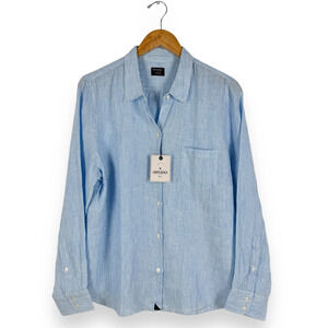 Untuckit Women's Sherry 100% Linen Button Down Shirt Size 14 Blue Stripe
